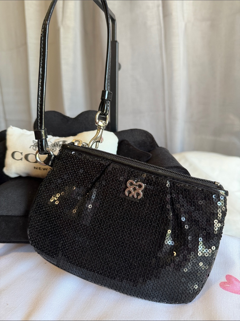 Coach Black Sequin Mini Wristlet with Metallic Logo